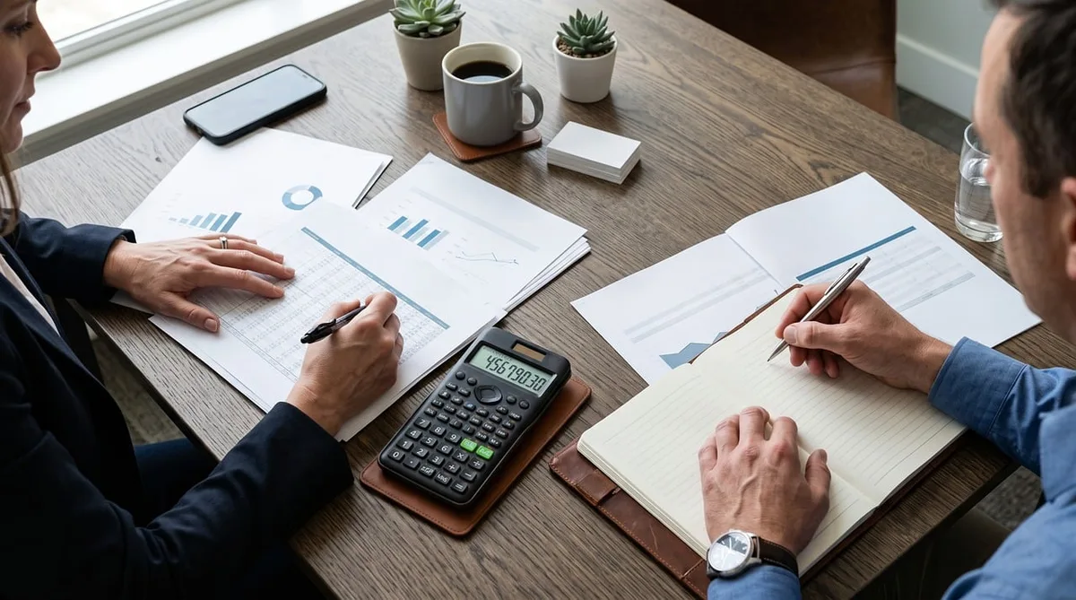 Calculatrice et formulaires fiscaux sur une table éclairée par la journée